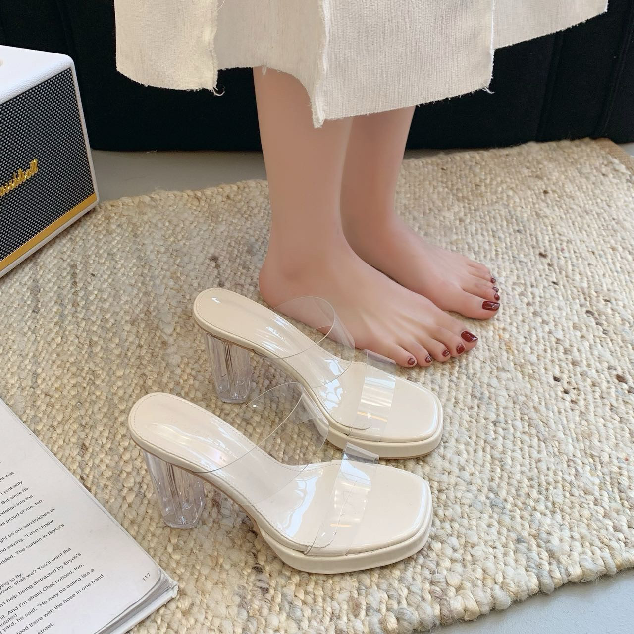 伊斯迪防水台高跟鞋夏季气质白色透明拖鞋外穿34码小码凉鞋313233