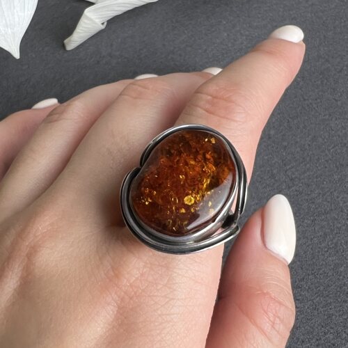 欧美vintage古董首饰中古手工银饰925银天然原矿花珀戒指14号