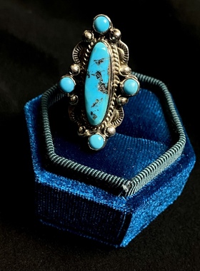 欧美孤品古董首饰 925纯银天然睡美人绿松石戒指 设计师手工银饰