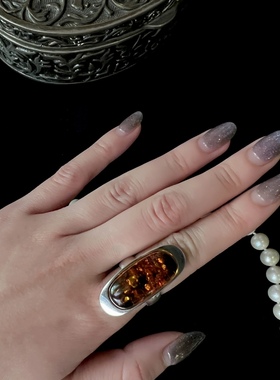 孤品Vintage古董首饰925纯银天然琥珀戒指花珀蜜蜡老银饰中古配饰