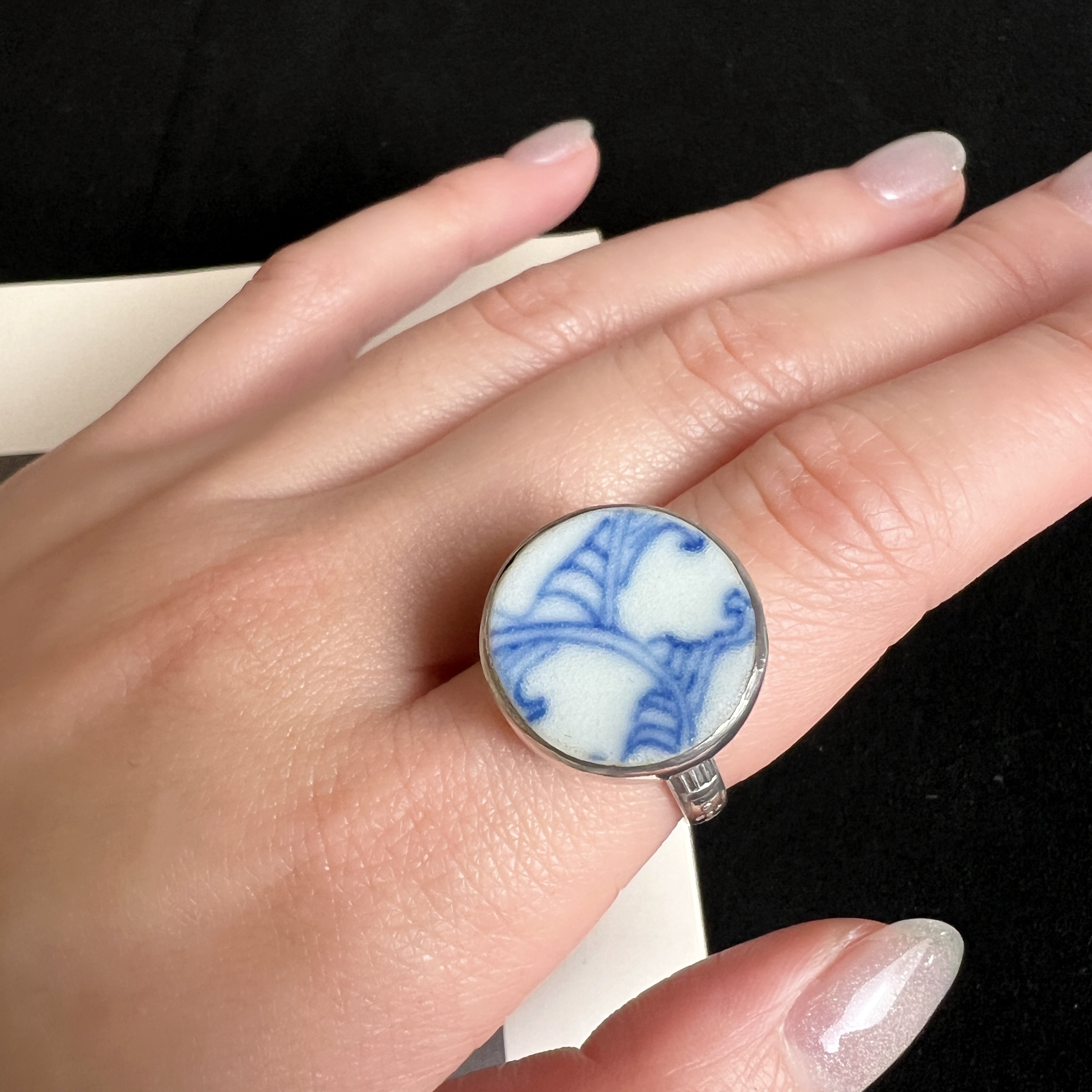 925纯银戒指手绘老青花瓷片戒指活口戒指手工老银饰戒指12号