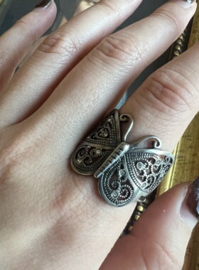 Vintage欧美中古银饰设计师品牌银饰925银锆石蝴蝶造型戒指23号