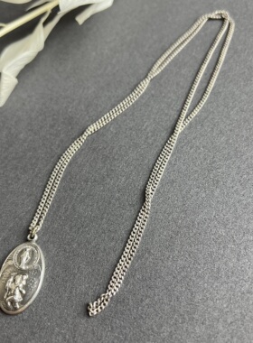 欧美vintage古董首饰中古饰品手工银饰925银圣牌吊坠项链