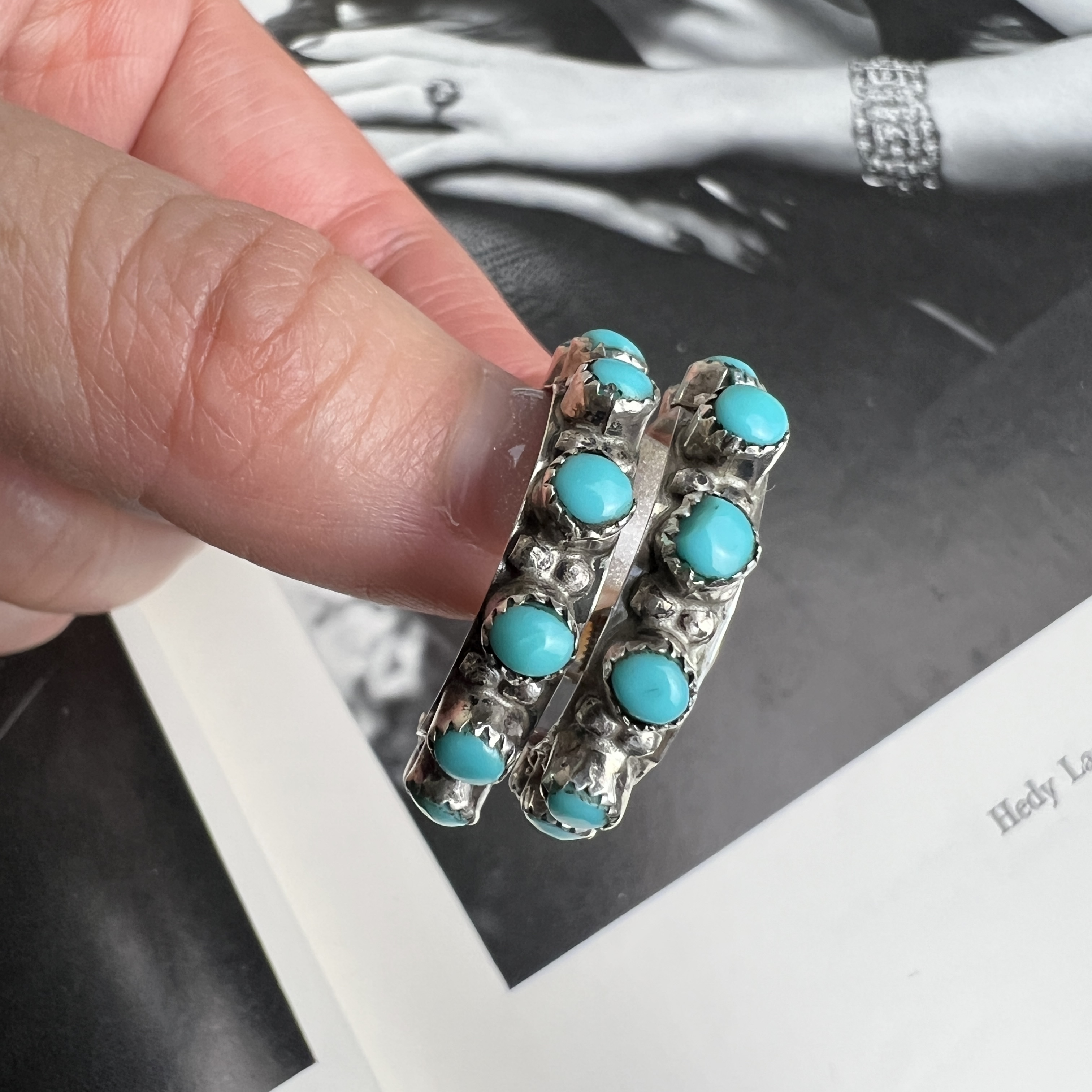 天然绿松石纯银耳夹古董首饰