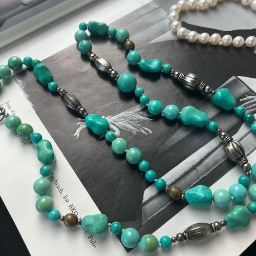 天然绿松石项链天然高瓷高蓝绿松石项链古董首饰中古饰品S925纯银