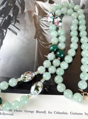 东陵玉孔雀石项链14K金古董首饰