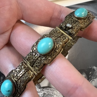 创汇期出口首饰925纯银鎏金掐丝工艺手链天然原矿绿松石手链