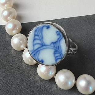 孤品古董纯银戒指925纯银老瓷片戒指vintage中古首饰老银饰