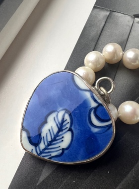 Amy’s古董首饰S925纯银吊坠老瓷片吊坠手绘民国青花瓷吊坠项链