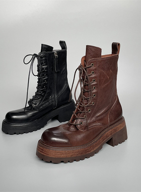 gao端货复古欧美侧拉链马丁靴 外贸原单轻便水洗做旧高跟骑士靴女