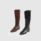 典雅高奢 进口水洗马皮前拉链鎏金铆钉长靴 复古棕慵懒方头高筒靴