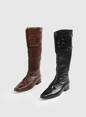 典雅高奢 进口水洗马皮前拉链鎏金铆钉长靴 复古棕慵懒方头高筒靴