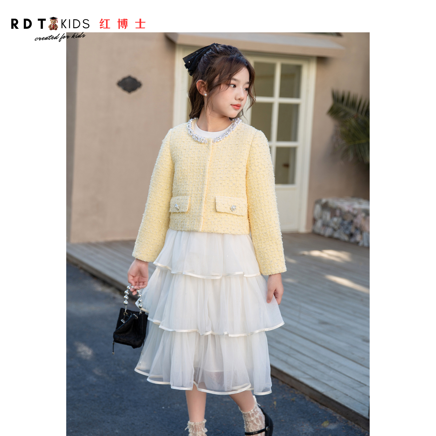 红博士 女童粗花呢外套秋冬款复古小香风背心裙套装气质千金毛呢