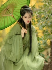 Китайцы одежда наборы 【子后•芣苢草】芣苢草绿色原创宋制长衫褙子套装春秋款手工脏染