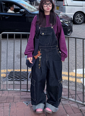 300斤胖mm大码女装美式复古宽松牛仔背带裤女宽松显瘦工装阔腿裤