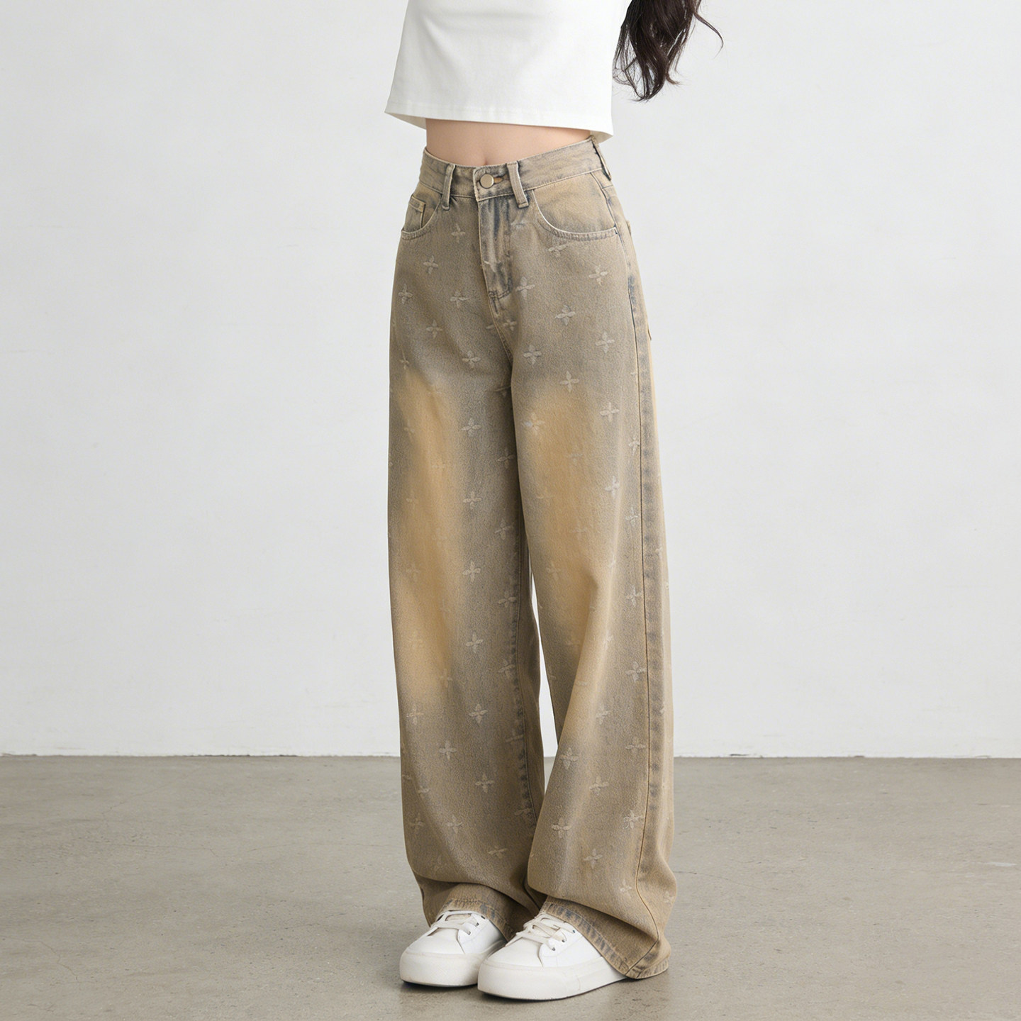 2026春季大码胖mm美式复古十字星水洗阔腿牛仔裤女高腰显瘦直筒裤,女装/女士精品,大码裤装,淘宝优惠券,粉丝福利购,淘宝优惠卷