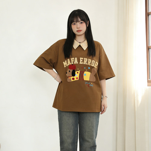 胖mm卡通小狗刺绣翻领短袖T恤女