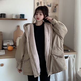 女装 300斤大码 胖mm秋冬派克服加绒加厚连帽外套宽松百搭棉衣棉服