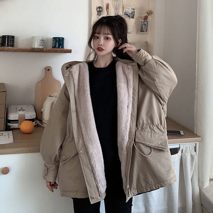 300斤大码女装胖mm秋冬派克服加绒加厚连帽外套宽松百搭棉衣棉服