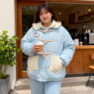 棉服女胖mm宽松牛角扣加厚棉衣外套 卡通可爱刺绣连帽冬季 大码 女装