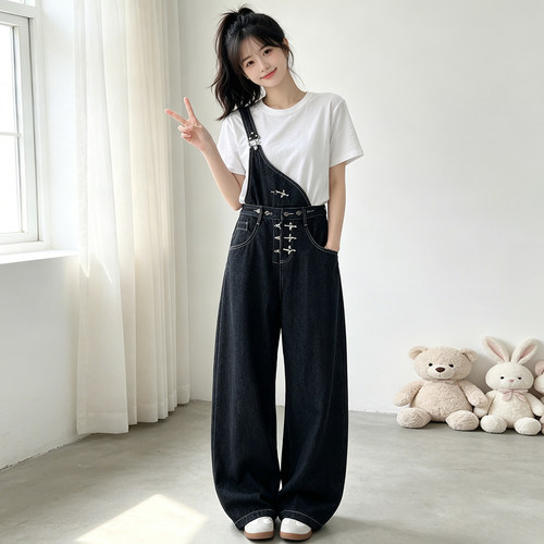 大码胖mm复古可拆卸牛仔背带裤女