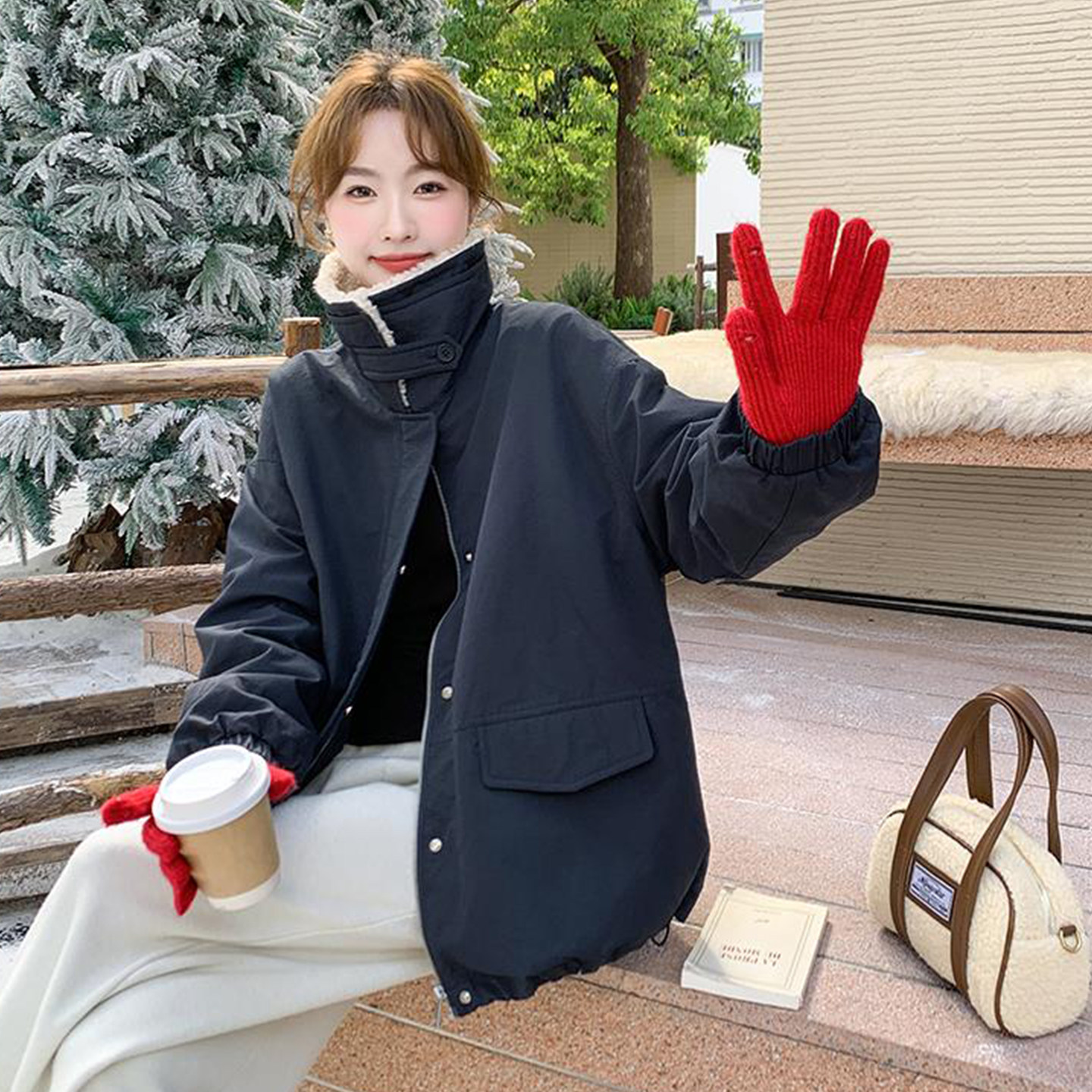 大码胖mm美式羊羔毛拼接工装棉服