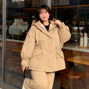 加厚连帽棉服外套女宽松百搭加绒保暖显瘦派克服 胖mm韩版 大码 女装