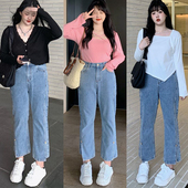 女装 300斤高腰开叉九分牛仔裤 特大码 胖mm宽松百搭直筒阔腿裤 子