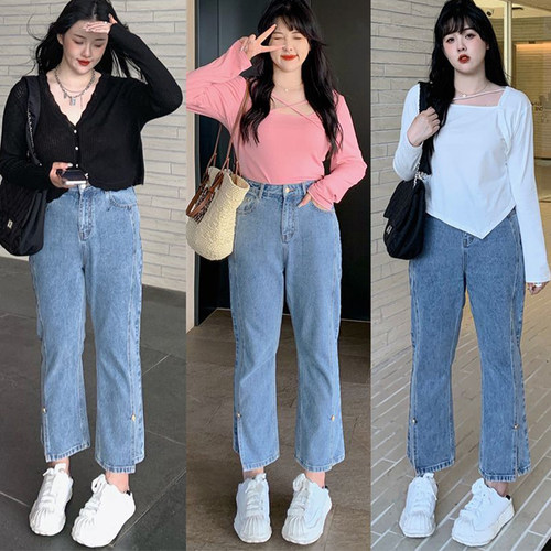 特大码300斤胖mm宽松九分牛仔裤