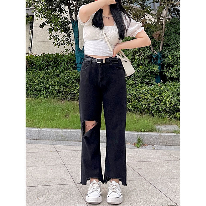 特大码300斤胖mm黑色破洞牛仔裤直筒裤女高腰宽松阔腿毛边九分裤2