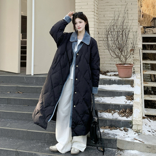 黑色棉衣外套 宽松中长款 300斤大码 胖mm假两件牛仔拼接棉服女冬季