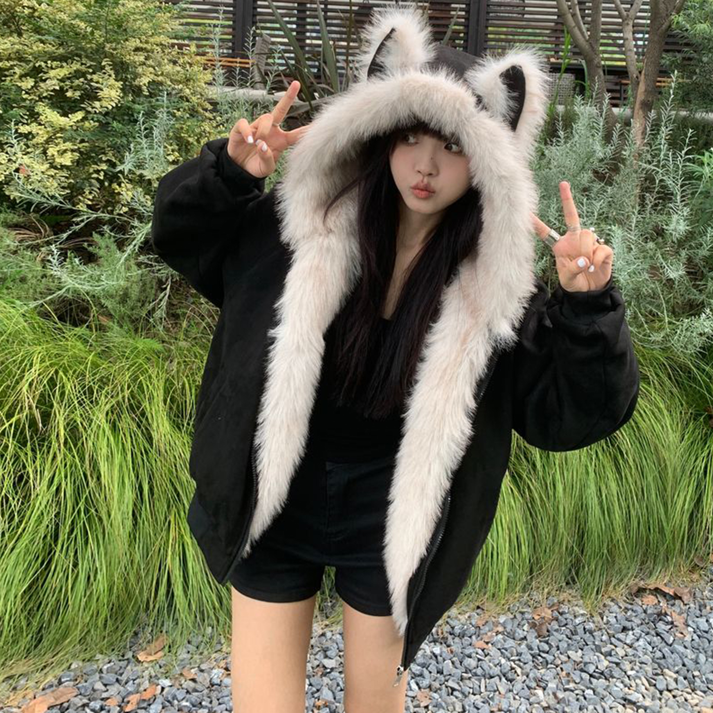 大码胖mm美式复古可爱猫耳朵外套