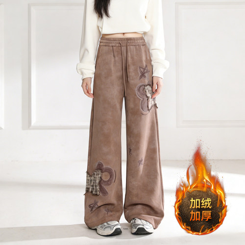 大码加绒加厚蝴蝶刺绣阔腿卫裤