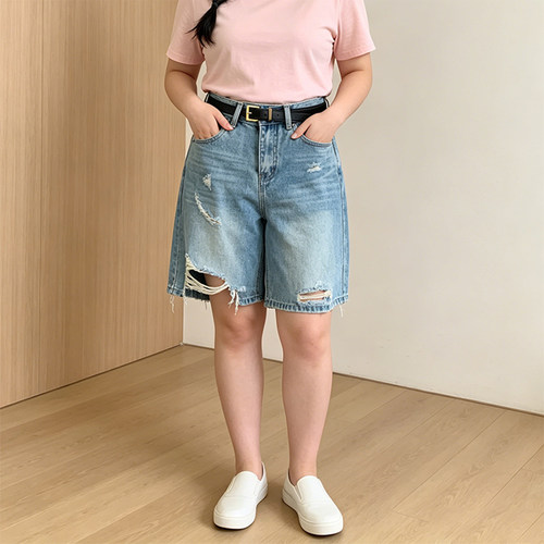 大码胖mm夏季高腰破洞牛仔短裤女