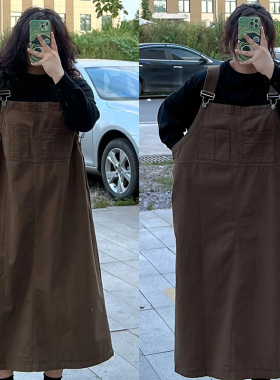 胖mm大码美拉德棕色牛仔背带裙女夏季新款宽松遮肉连衣裙显瘦长裙
