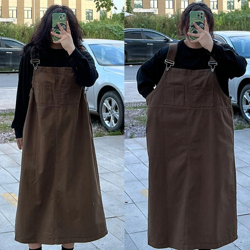 胖mm大码美拉德棕色牛仔背带裙女
