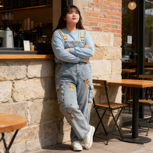 女宽松学院风阔腿连体长裤 大码 卡通风刺绣牛仔背带裤 胖mm美式 女装