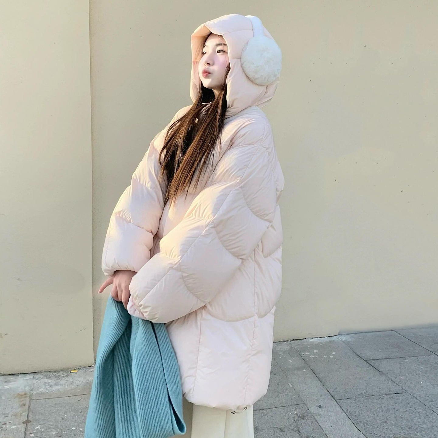 大码胖mm冬季粉色学院风连帽棉服