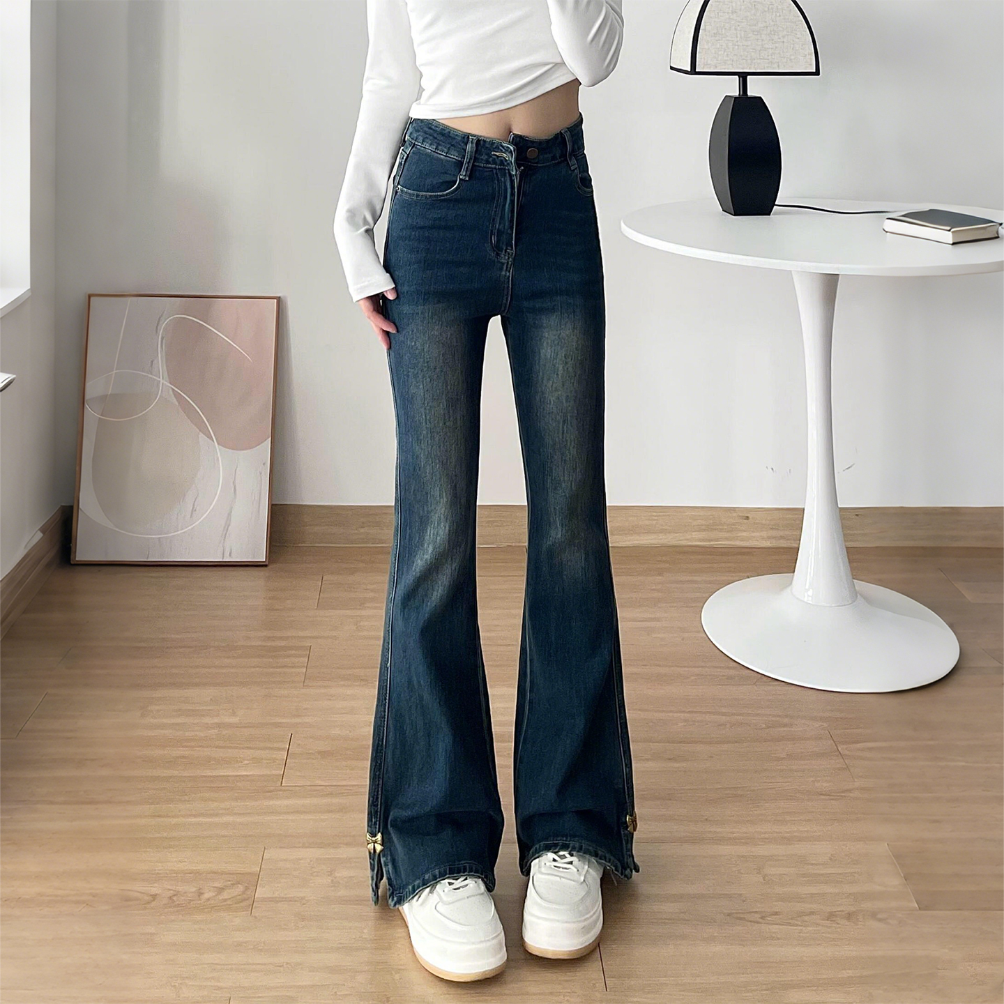 300斤大码复古蓝开叉微喇牛仔裤