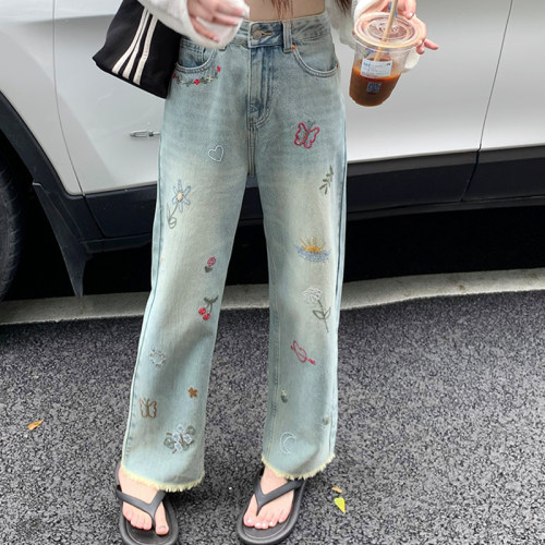 大码女装胖mm高腰直筒阔腿牛仔裤