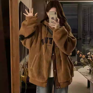 大码胖mm双面穿棒球服羊羔毛外套女冬季加厚加绒美式复古棉服棉袄