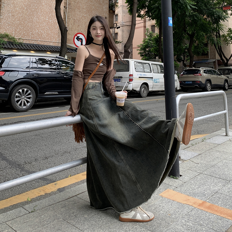 胖mm大码女装百搭显瘦半身裙女夏季复古牛仔高腰A字大摆裙中长款