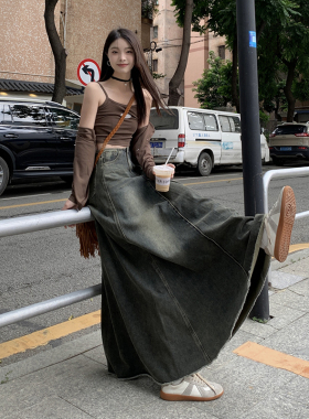 胖mm大码女装百搭显瘦半身裙女夏季复古牛仔高腰A字大摆裙中长款