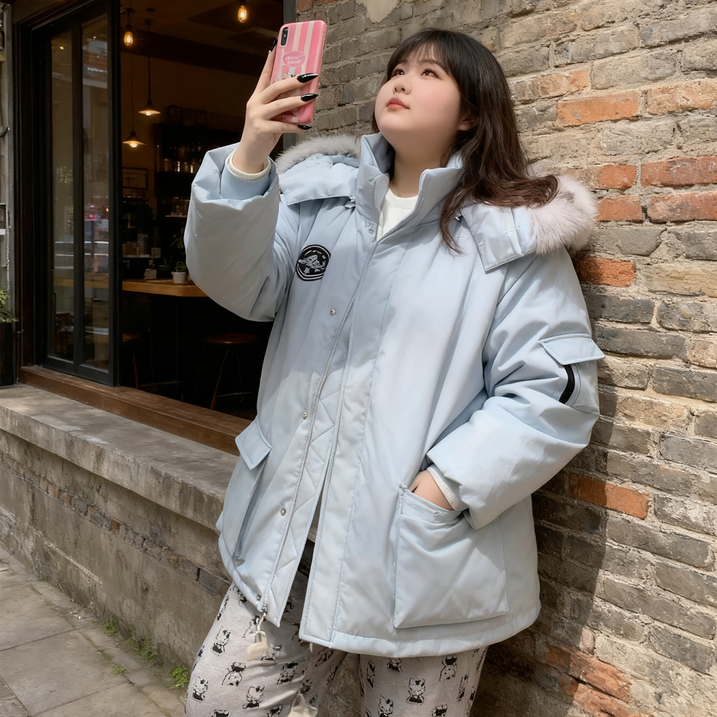 大码女装胖mm工装连帽派克服女