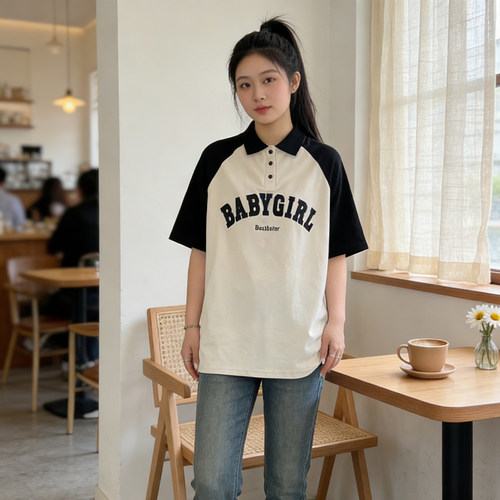 300斤大码显瘦撞色翻领短袖T恤女