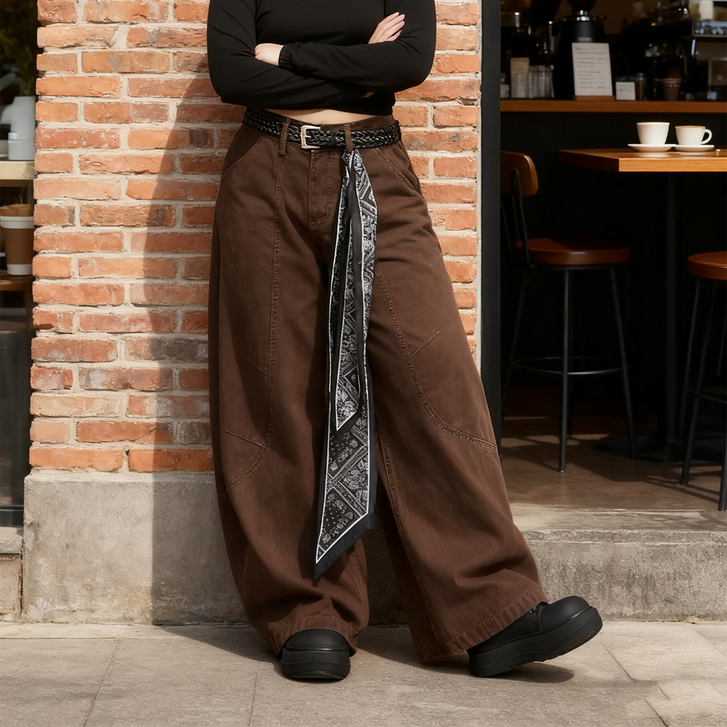 大码美式复古咖色宽松弯刀牛仔裤