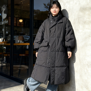过膝棉服女胖mm加厚保暖立领学院风棉衣外套 黑色中长款 大码 女装