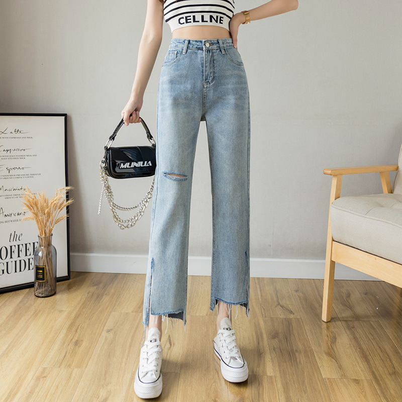 300斤特大码女装胖mm破洞牛仔裤高腰新款显瘦直筒宽松阔腿九分裤