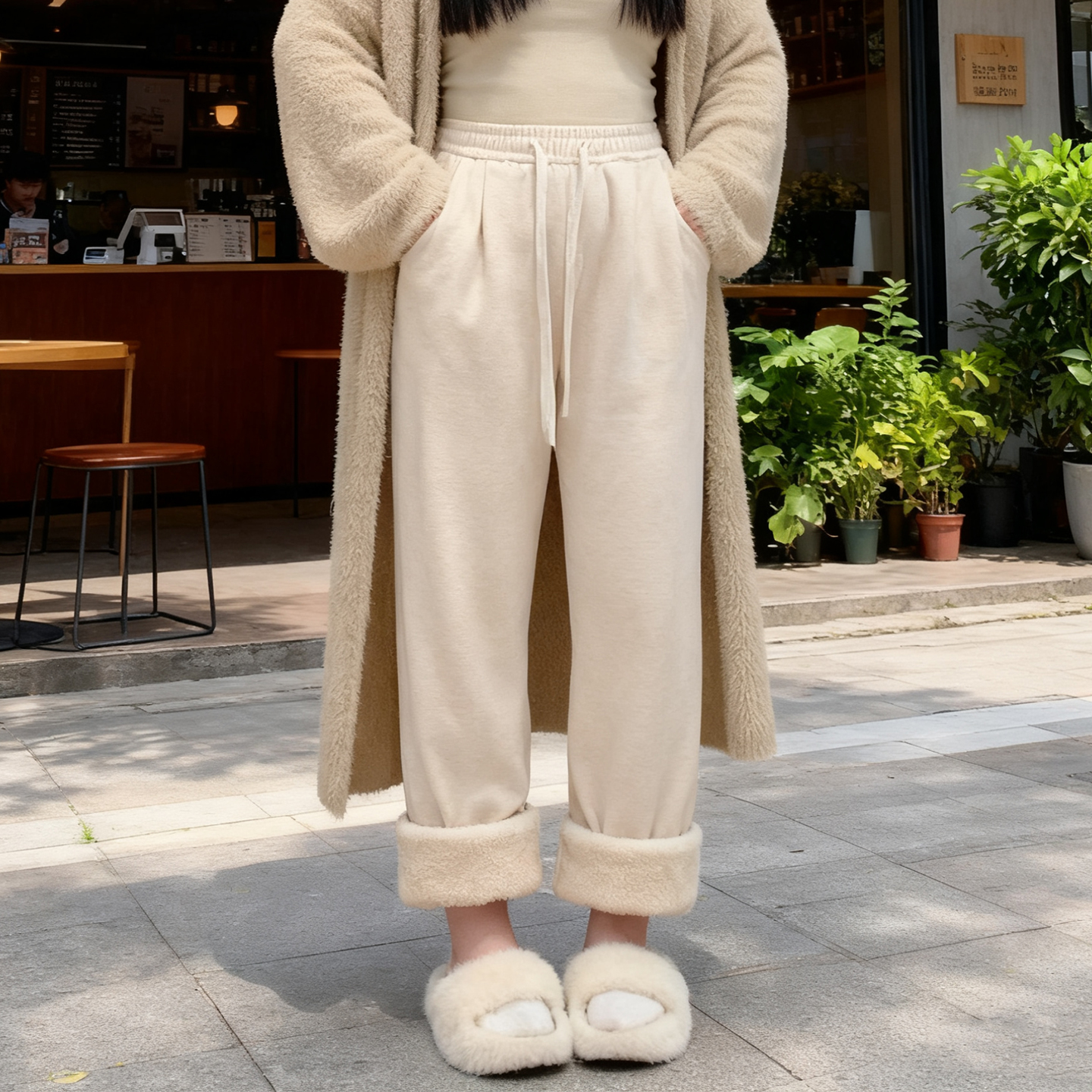 大码女装胖mm羊羔绒阔腿休闲裤