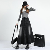 胖mm牛仔半身裙高腰A字裙子显瘦显高中长裙秋季 300斤大码 女装 长裙